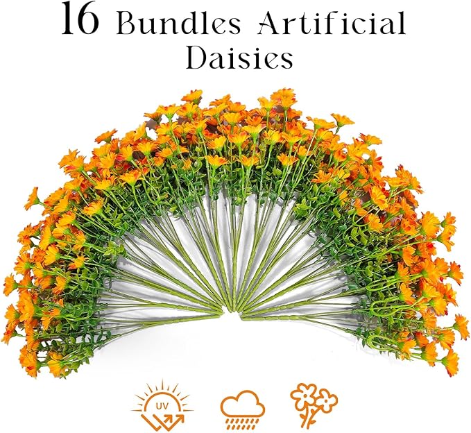 16 Bundles Silk Daisy Artificial Flowers for Outdoors UV Resistant Fake Daisies Plastic Plants Flower for Home Outside Front Door Porch Garden Patio Planters Decoration (Orange)