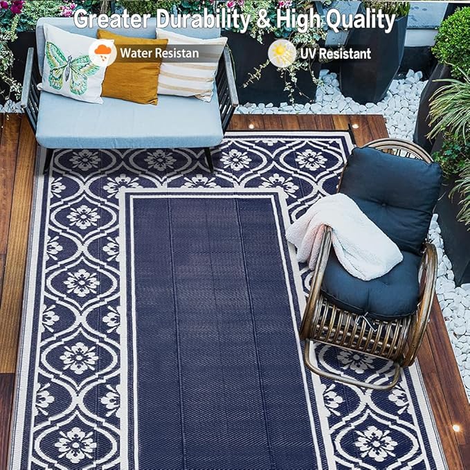 HUGEAR Patio Rug 10'x14' Waterproof Outside Area Rugs Reversible Blue Outdoor Plastic Straw Carpet for RV Deck Camping Entryance Porch Picnic Balcony Beach