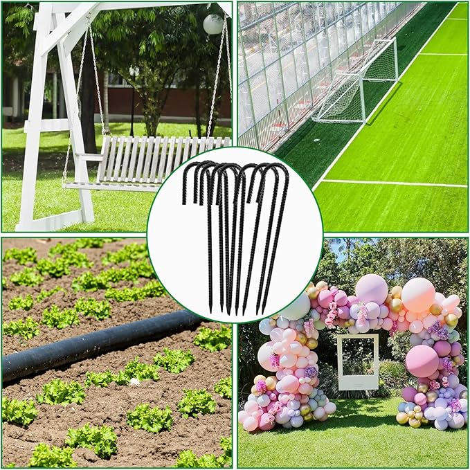 Hacaroa 20 Pack 12 Inch Rebar Stakes Heavy Duty, J Hook Ground Anchors Metal Tent Stakes, Steel Garden Stake for Camping, Canopies, Chain Link Fences, Trampolines, Black