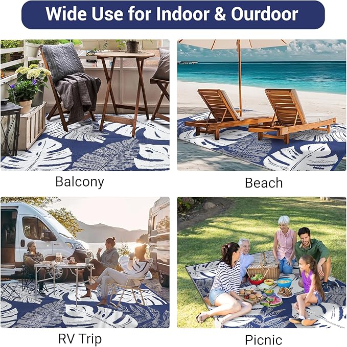 COZYLOOM Waterproog Outdoor Rug 10x14 Reversible Plastic Straw Rug for Patio, Reversible Indoor Outdoor Rugs Foldable RV Camping Picnic Mat with Portable Bag & 4 Stakes, UV Resistant & Easy to Clean