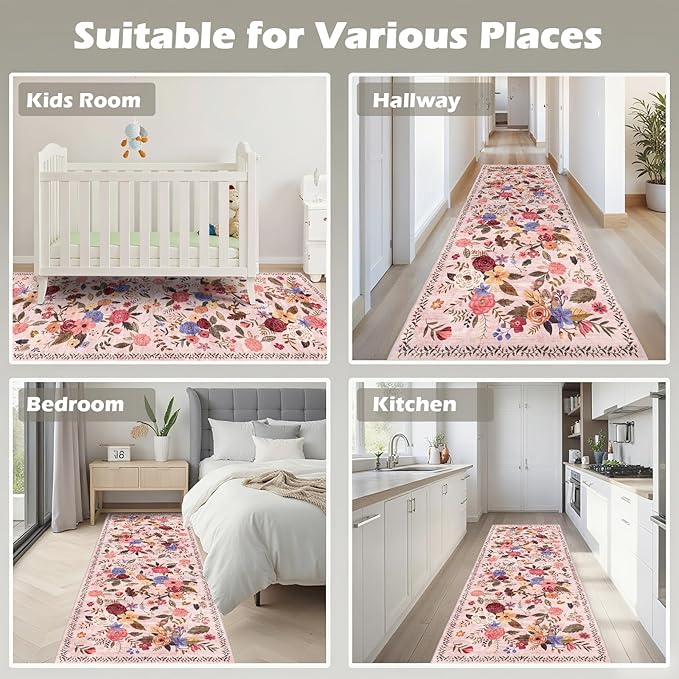 Rug for Hallways Beige Kitchen Rug 2x8, Non Slip Washable Rugs with Rubber Backing Soft Floral Carpet Runner for Hallways, Kitchen, Laundry, Bedroom, Bathroom (2 x 8, Beige/Pink Lawn)