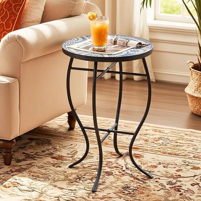 Side Table Outdoor, Mosaic Patio Table Plant Stand, 22" H Iron Coffee End Table,Weather Resistant Tile Top Metal Drink Bar Table for Indoor Garden Balcony Yard Bistro Balcony