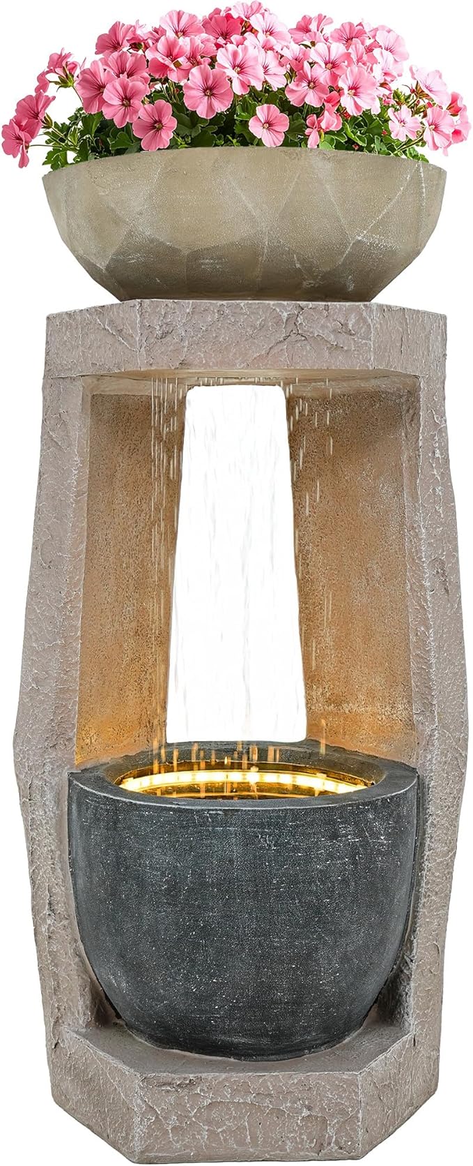 32" Outdoor Fountain, Modern Geometric Two Bowls Water Feature with LED Lights, Resin Soothing Cascading Waterfall for Patio, Backyard, Garden or Porch