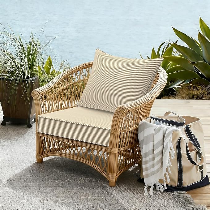 Outdoor Deep Seat Cushion Set, Water Repellent 22"x22" Patio Thick Cushions Replacement with Seat & Back Pillow for Patio Sofa, Wicker Chair, Couch - Stripe Beige