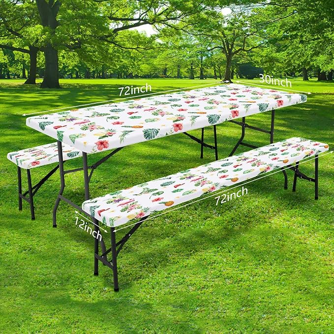 Picnic Table Cover with Bench Covers and Bag, Summer Outdoor Waterproof Windproof Tablecloth with Elastic Edges, Camping Accessories RV Gear Campers 96x30 Inches 4 Pcs Set, White