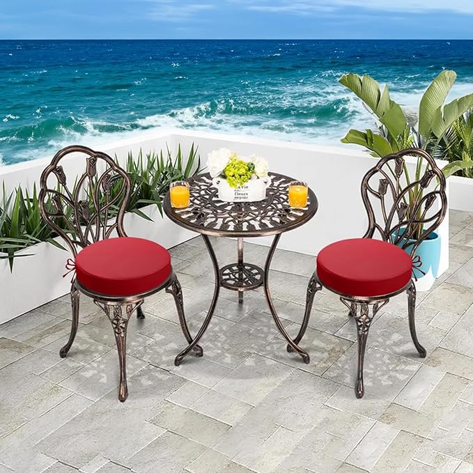 idee-home Outdoor Bistro Chair Cushions, 15”x15”x 3” Thick Outdoor Round Seat Cushions Set of 2 with Ties, Waterproof Round Patio Furniture for Garden
