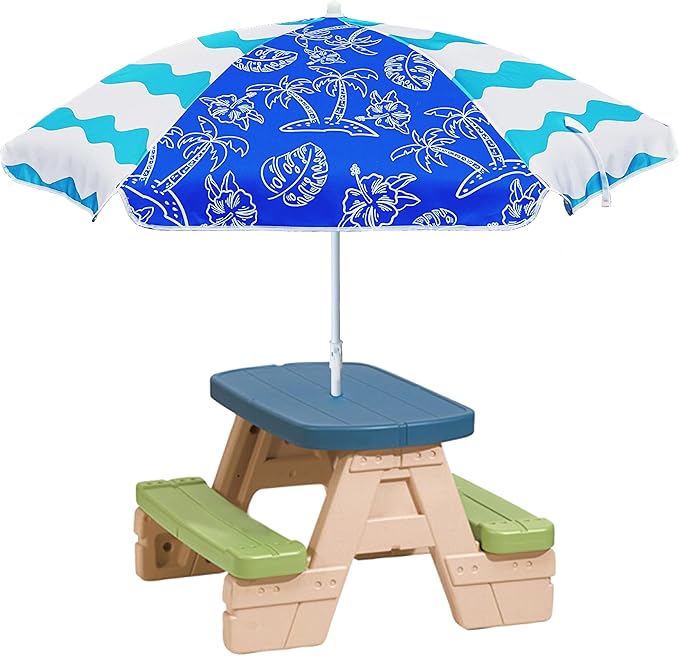 AMMSUN 5ft Seaside Umbrella for Sand and Water Table - Kids Durable Umbrellas for children Beach Camping Garden Outdoor Play Shade Blue Coconut Tree