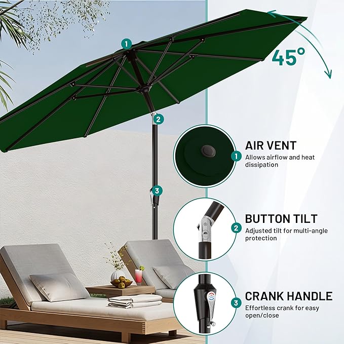 AreShark 9 FT Patio Umbrella for Outdoor, Outdoor Table Umbrella with Push Button Tilt and Crank, Outdoor Patio Umbrellas with 8 Sturdy Ribs for Market, Garden, Pool (Dark Green)