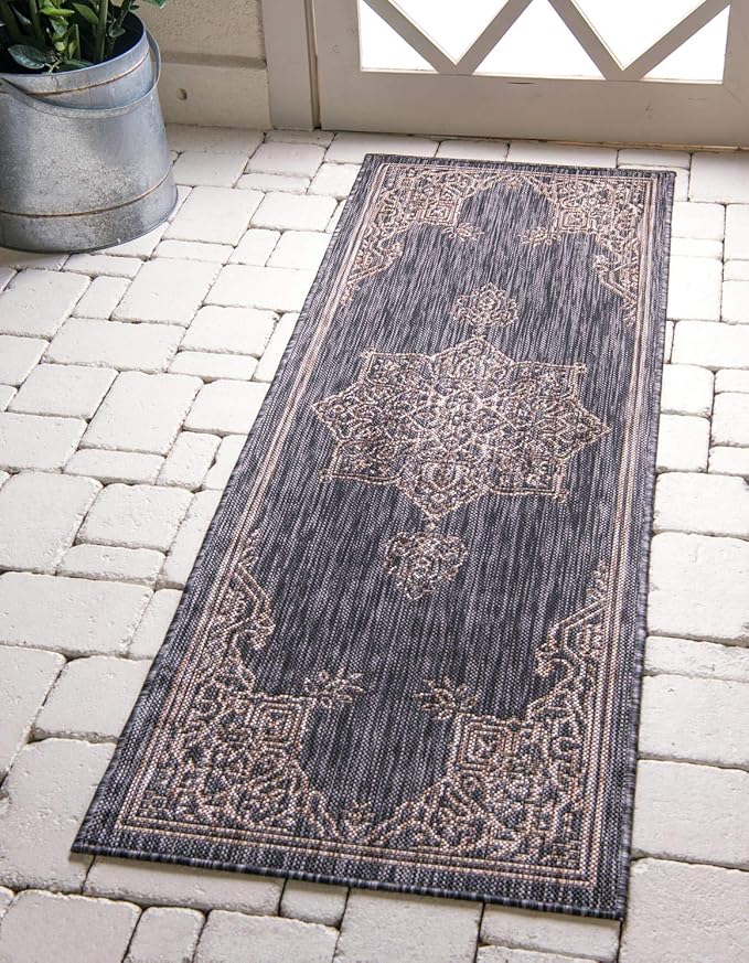 Unique Loom Outdoor Traditional Collection Area Rug - Antique (2' x 6' 1" Runner, Charcoal Gray/ Natural)