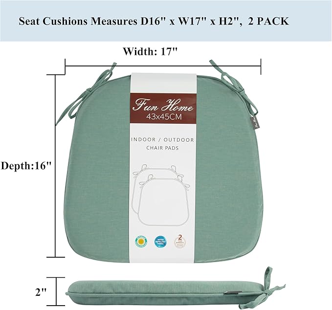 FUNHOME 17"x16"x2" Outdoor Chair Cushions Set of 2, Water Resistant Patio Chair Pads with Ties, Seat Cushions for Home Garden Furniture Decoration-Aqua Leala