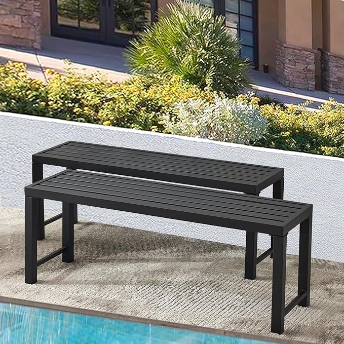 Black Outdoor Bench, Outdoor Metal Backless Bench Set of 2, 46" Patio Garden Bench for Outdoor, All Wheather Outdoor Bench for Garden, Backyard, Porch, Black