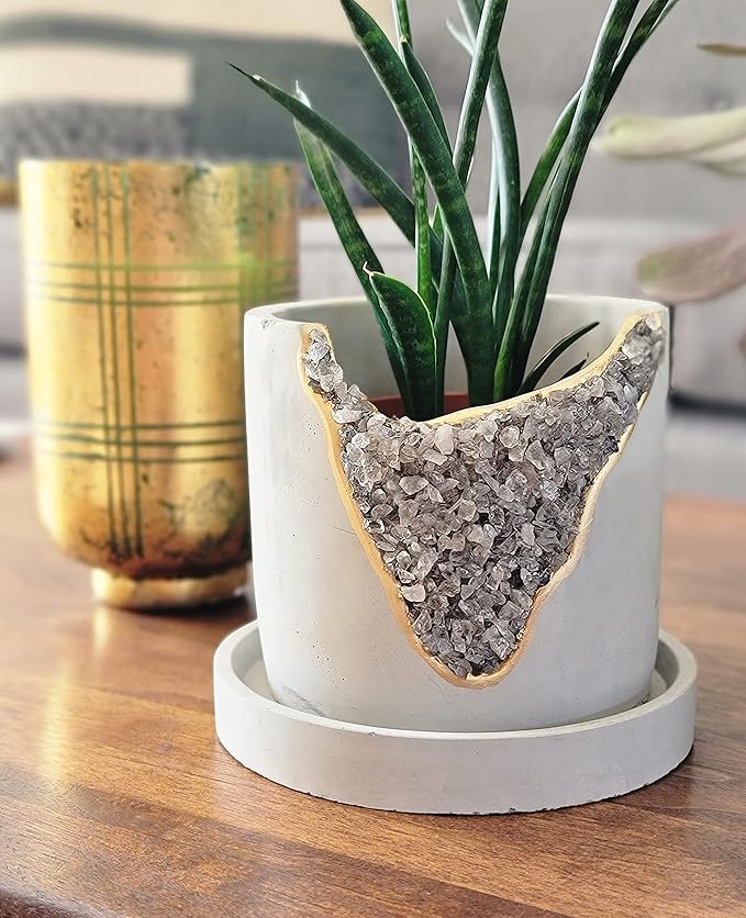 4 Inch Crystal Plant Pot with Saucer - Cement Geode Planter - Concrete Pots for Plants - Modern Succulent Pot Indoor - Unique Air Plant Holder - Candle Holder - Small Plant Home Decor (Smoky Quartz)