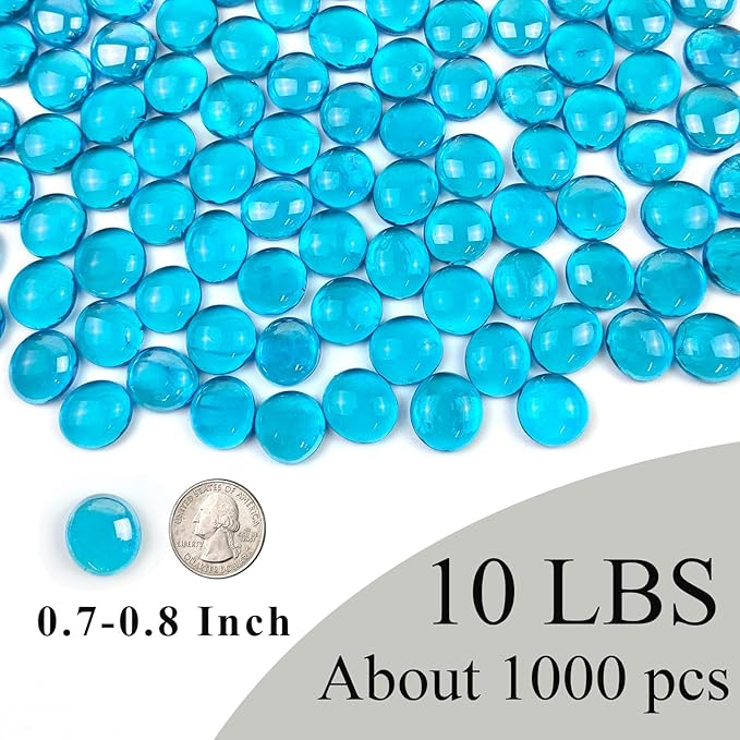 10 Pounds Blue Glass Rocks for Fire Pit, Blue Flat Glass Marbles for Vase Fillers. Decorative Glass Pebbles for Aquarium Fountains Garden Crafts Table Scatter and Home Decor