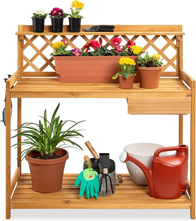Best Choice Products Outdoor Garden Potting Bench, Wooden Workstation Table w/Cabinet Drawer, Open Shelf, Lower Storage, Lattice Back - Natural