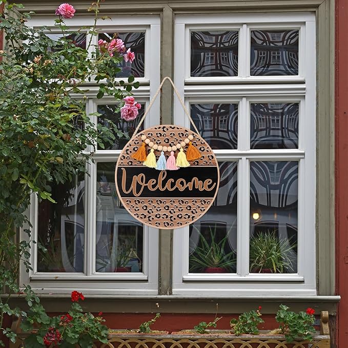 HLNIUC Welcome Hanging Sign Plaque(11”x11”) Rustic Farmhouse Hanging Plaque,Welcome Door Hanger with Beads Tassels,Minimalist Office Wooden Signs,Funny Front Wood Sign for Porch Home Outdoor Indoor