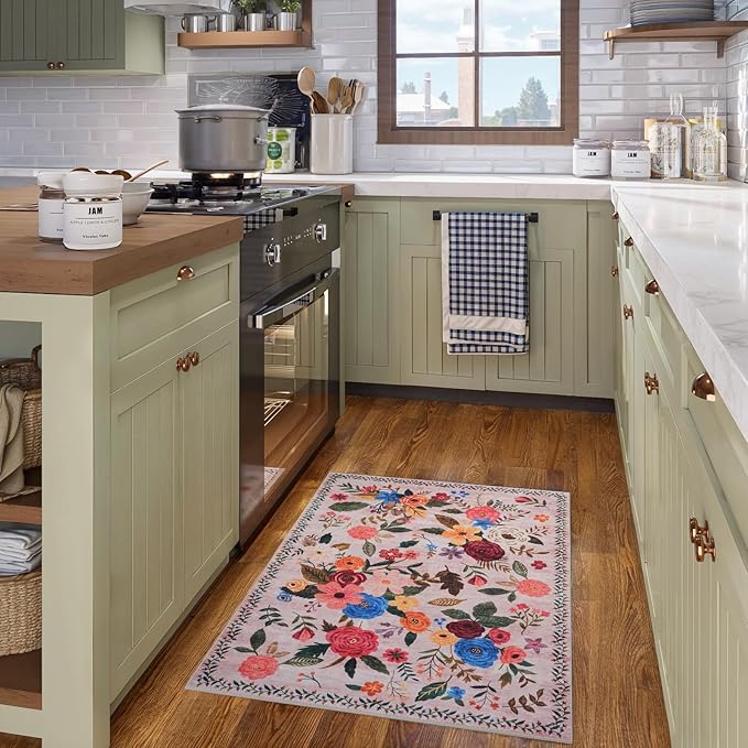 Floral Rug for Entryway, 2X3 Washable Kitchen Mat Ultra-Thin Soft, Non-Slip Indoor Door Carpet Stain Resistant Boho Small Low-Pile Throw for Bathroom Bedroom (2 x 3, Beige/Pink Lawn)