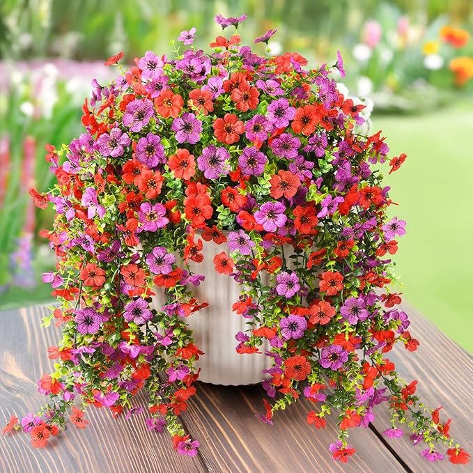 Artificial Hanging Flowers Plants for Outdoor Spring Summer Decoration,2PCS Faux Silk Daisy UV Resistant Look Real for Outside Home Indoor Planter Porch Window Yard Decor(Red Purple)