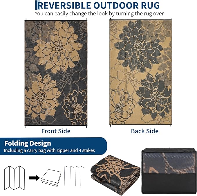 Waterproof Plastic Straw Rug 8x10 Reversible Outdoor Rug, Weather Resistant Outside Carpet, Portable RV Camping Mat with Carry Bag & Stakes for Patio Porch Garden Yard, Brown