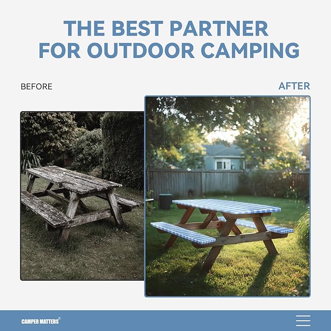 Picnic Table Cover and Bench Covers, Fitted Tablecloth Cover with Elastic Edge, Water and Oil Proof, for Outdoor, Garden, Camping, 96x30 Inch, 3 Pieces Set, Blue & White