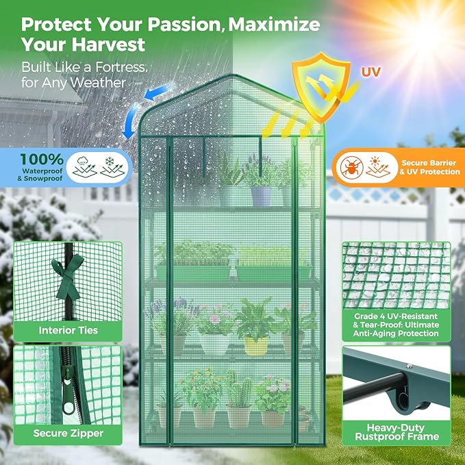 Ohuhu Mini Greenhouse for Indoor Outdoor, Small Plastic Plant Green House 4-Tier Rack Stand Portable Greenhouses with Durable PE Cover for Seedling, 2.5x1.6x5.2 FT, Ideal Gardening Gifts for Women Men