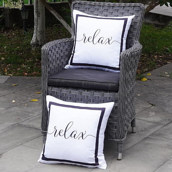 ONWAY Outdoor Waterproof Throw Pillow Covers 18x18 Set of 2 White and Black Relax Decorative Pillowcase for Patio Furniture Garden Couch Tent Balcony