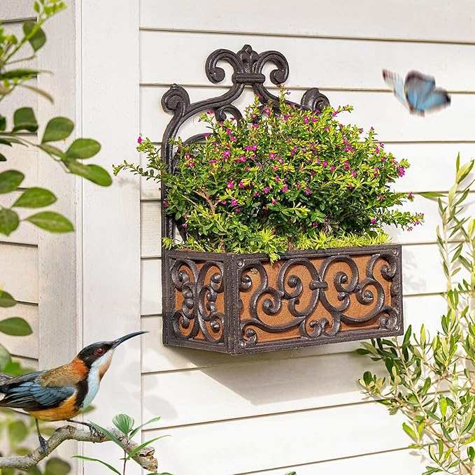 Sungmor Vintage Cast Iron Wall-Mounted Planter Basket with Fabric Liner,Rustic Scrollwork Hanging Flower Holder,Decorative Wall Shelf for Plants,Outdoor Hanging Basket Flower Pot
