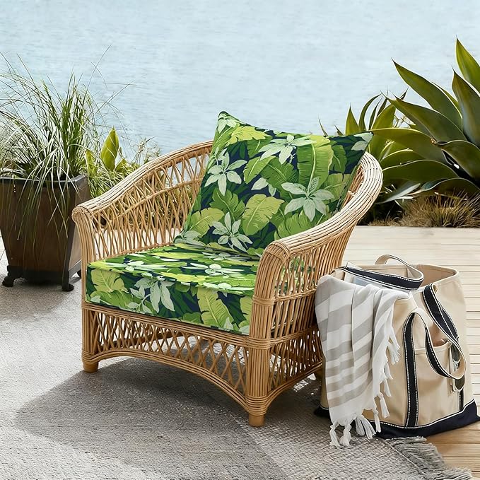 Outdoor Deep Seat Cushion Set, Water Repellent 22"x22" Patio Thick Cushions Replacement with Seat & Back Pillow for Patio Sofa, Wicker Chair, Couch - Jungle Leaves