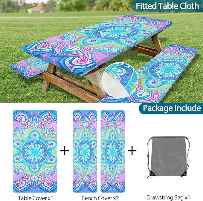 Picnic Table Covers with Bench Covers Boho Pattern Camping Tablecloth Fitted Picnic Table Cover with Elastic Windproof Waterproof Fabric, Outdoor Camping Accessories Gifts for Men Women, 60In 3PCS