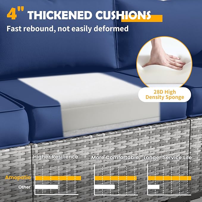Amopatio Outdoor Sofa Replacement Cushion Set, Waterproof Seat and Back Cushions for Patio Furniture, UV-Resistant and Extra-Thick Cushions, Machine-Washable Covers (Navy)