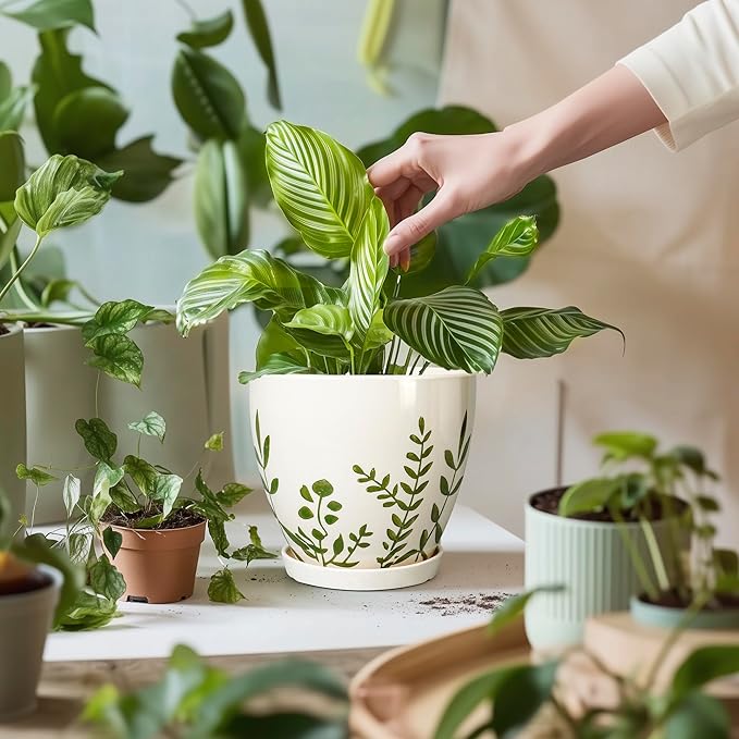 Ceramic Pots for Plants - 10+8+6 Inch Planters for Indoor Outdoor Flowers, Boho Round Decorative Flower Pots with Drainage Holes and Saucers, Home Decor, Gifts for Plant Lovers, Set of 3, White
