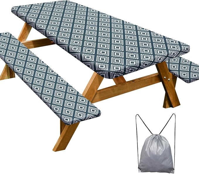 Picnic Table Cover with Bench Covers Camping Essentials Waterproof Windproof Camping Tablecloth with Drawstring Bag, Fitted Rectangle Tables and Seats, 72in, Blue Green Plaid