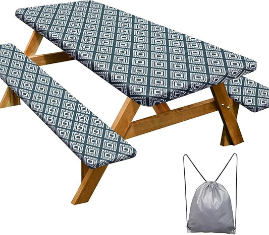 Picnic Table Cover with Bench Covers Camping Essentials Waterproof Windproof Camping Tablecloth with Drawstring Bag, Fitted Rectangle Tables and Seats, 72in, Blue Green Plaid