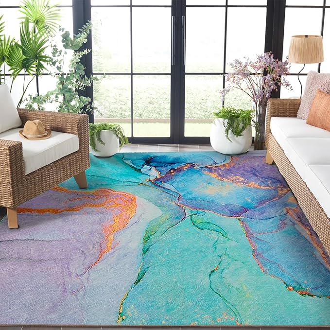 Abstract Washable Indoor Outdoor Rug, 8' x 10', Teal, Stain Resistant, Easy Clean, Modern Marble Abstract Teal Rug for Indoor/Outdoor Patio, Deck, Porch, Garden, Courtyard