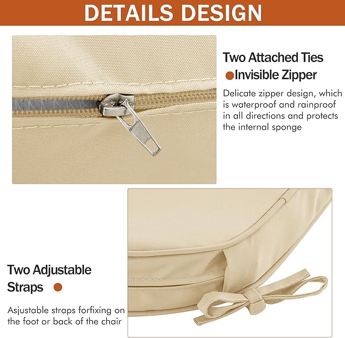 Outdoor Chair Cushions Set of 4 Water Resistant Patio Chair Cushions with Tie 3 Year Color Fastness Thick Outdoor Seat Cushion for Garden Lawn Round Corner Beige 17x16 Inch