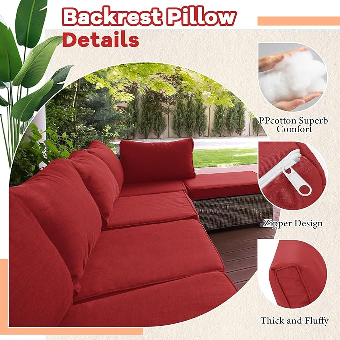Patelai 14 Piece Outdoor Furniture Replacement Cushions Fits 6 Seat Patio Sectional Cushions Set Waterproof Couch Replacement Sofa Liner Cover for Porch Garden Balcony(Red)