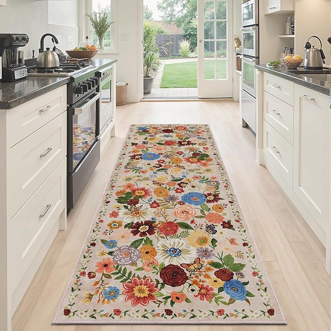 Runner Rug 2x6, Kitchen Rug Non Slip Washable Rugs with Rubber Backing Soft Floral Carpet Runner for Hallways, Kitchen, Laundry, Bedroom, Bathroom (2 x 6, Beige)