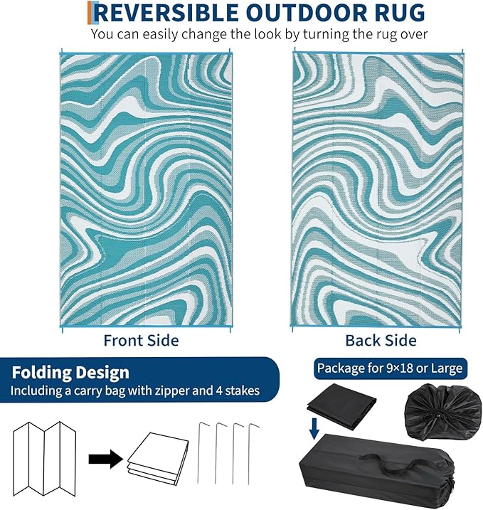 10x20 Large Outdoor Patio Rug Modern Abstarct Plastic Straw Outdoor Rugs Waterproof Foldable UV Resistant Camping Reversible Mats for Deck, Porch, Camper, Balcony，Lake Green/Light Blue