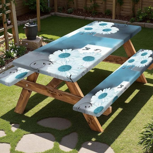 Picnic Table Cover with Bench Covers and Bag, Daisy Outdoor Waterproof Windproof Tablecloth with Elastic Edges. Camping Accessories RV Gear Campers Must Have 60x30 Inches 3 Pcs Set (Teal)