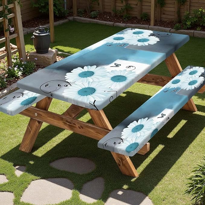 Picnic Table Cover with Bench Covers and Bag, Daisy Outdoor Waterproof Windproof Tablecloth with Elastic Edges. Camping Accessories RV Gear Campers Must Have 72x30 Inches 3 Pcs Set (Teal)
