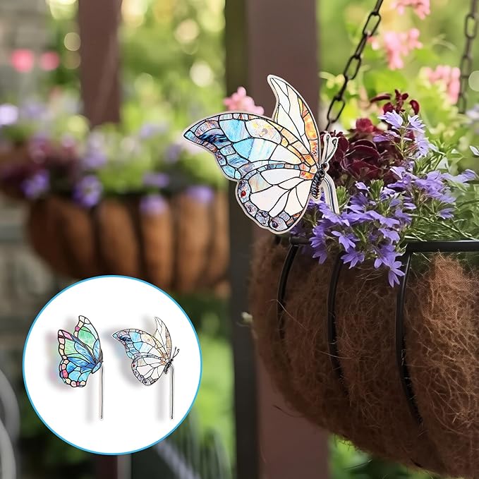 2PCS Glass Butterfly Monarch Suncatcher for Pot Plant Decoration, Acrylic Butterfly Garden Stake Decor Butterflies Catcher for Indoor Outdoor Patio Plant Pot Yard Art Décor