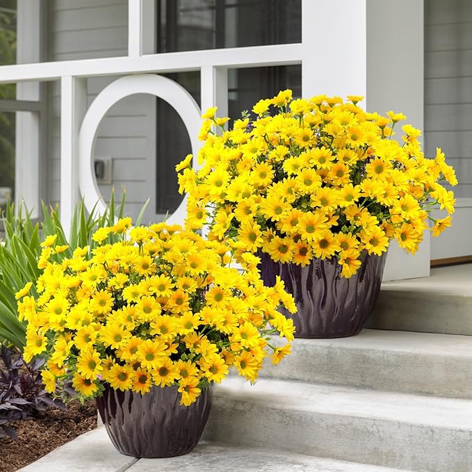 16 Bundles Silk Daisy Artificial Flowers for Outdoors UV Resistant Fake Daisies Plastic Plants Flower for Home Outside Front Door Porch Garden Patio Planters Decoration (Yellow)