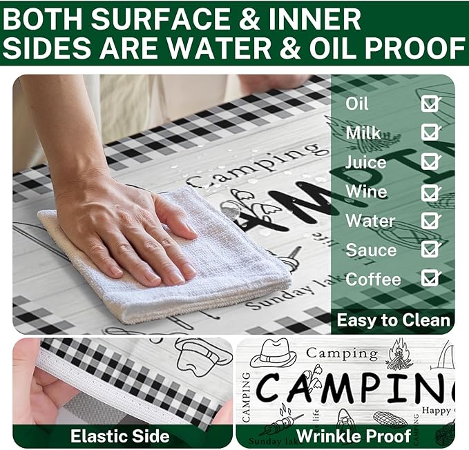 Picnic Table Cover with Bench Covers Elastic Edges, Farm Plaid Fitted Table Cover, Outdoor Patio Camping Essentials 96 Inch 3PCS, Waterproof Camping Fitted Tablecloth with Drawstring Bag