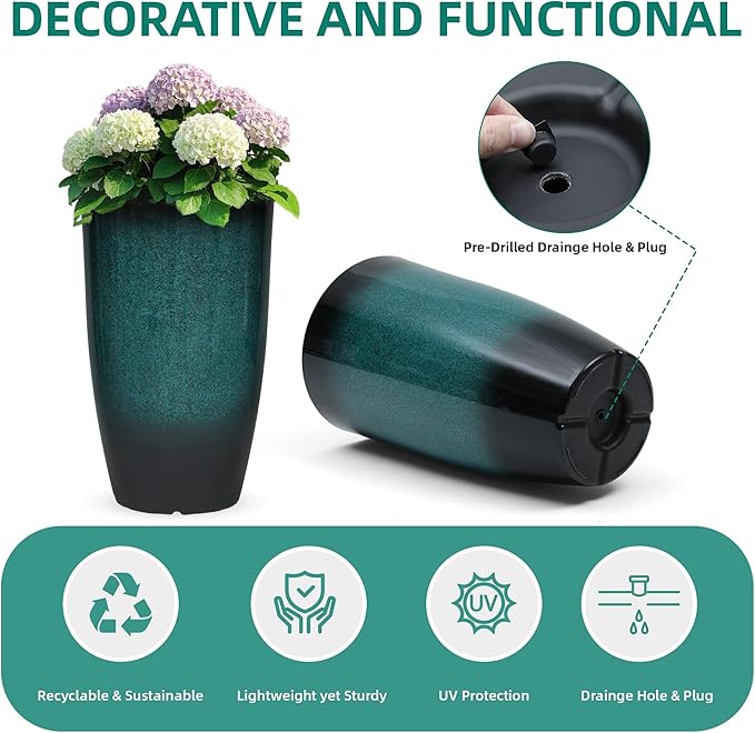 23.8" Tall Outdoor Planters Set of 2, Ceramic-Look Large Flower Pots for Indoor Outdoor Plants, All Seasons for Porch, Balcony, Garden, Patio or Home Art Decor, Gradient Turquoise Finish