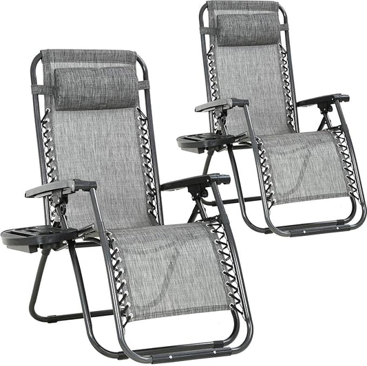 FDW Set of 2 Lawn Outdoor Deck Camping Folding Patio Beach Anti Recliner Pool Chair with Pillow and Cup Holder, Grey