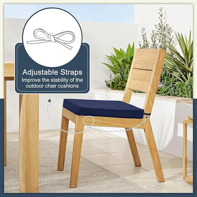 Cozyide Outdoor Chair Cushions, Waterproof Patio Seat Cushions with Adjustable Straps, Square Corner Patio Chair Cushions for Garden, Navy, 18.5x16x3 Inch (Pack of 4)