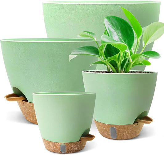 12/10/9/8 inch Self Watering Pots with Visual Water Window, Extra Large Self Watering Plant Pot with Drainage Holes and Saucers, Green Flower Pots for Indoor Plants