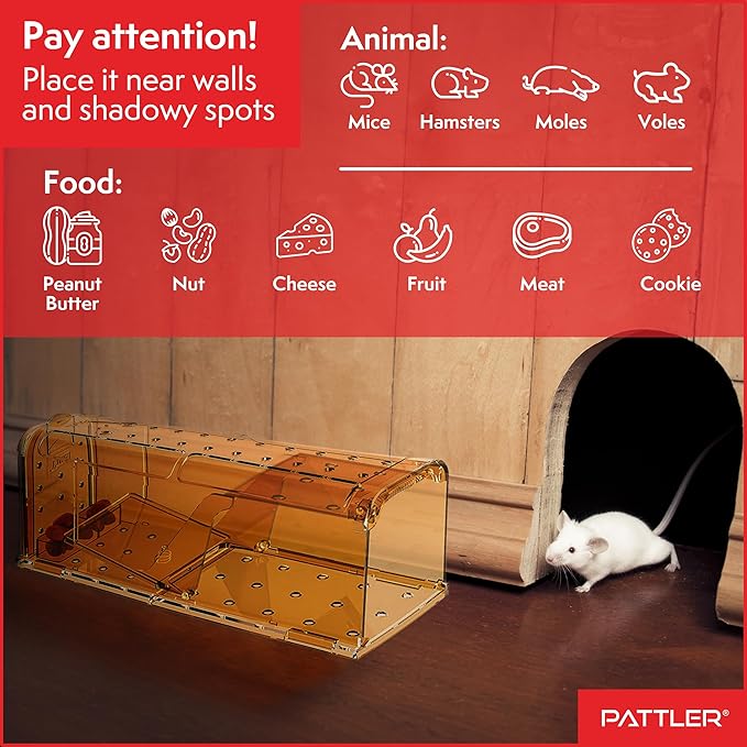 PATTLER® | New Large Humane Mouse Trap for Indoor and Outdoor Home | Mechanical Reusable Live Mouse Traps Catch and Release Mice from Garden, Garage, Attic, Inn, Hotel | Orange | Pack of 2