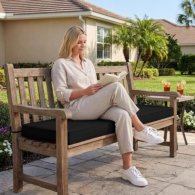 Outdoor Bench Cushion: Waterproof and Fade Resistant Patio Furniture Cushions - Non-Slip Bench Pad Cushion with Removable Cover for Garden Swing Porch Sofa Settee, 45 x 18 Inch, Black