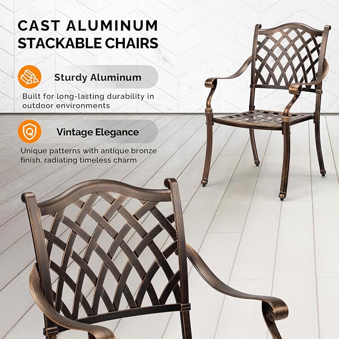 VINGLI Patio Chairs Set of 2 - Stackable Outdoor Cast Aluminum Dining Chairs with Vintage Bronze Finish and Diamond Pattern, Metal Armchairs for Poolside, Backyard, Balcony (No Cushion)