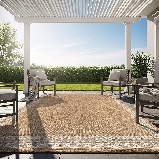 Washable Outdoor Rug 9x12 Modern Area Rugs Outdoor Carpets Bordered Pattern Non Shedding Waterproof Easy Clean Patio Deck Porch Living Room Bedroom Garden RV (9 X 12 Natural)